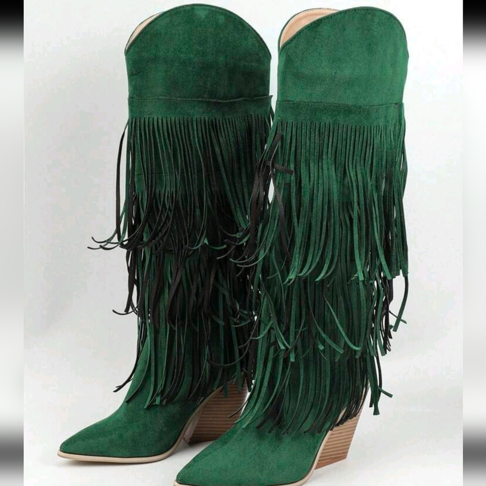 Fashion Green Knee-High Geometric Fringed Comfortable Faux Suede Thick Heel Boot - Picture 4 of 6